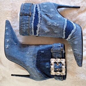 Dolce& Gabbana Patchwork denim ankle boots with rhinestone buckle